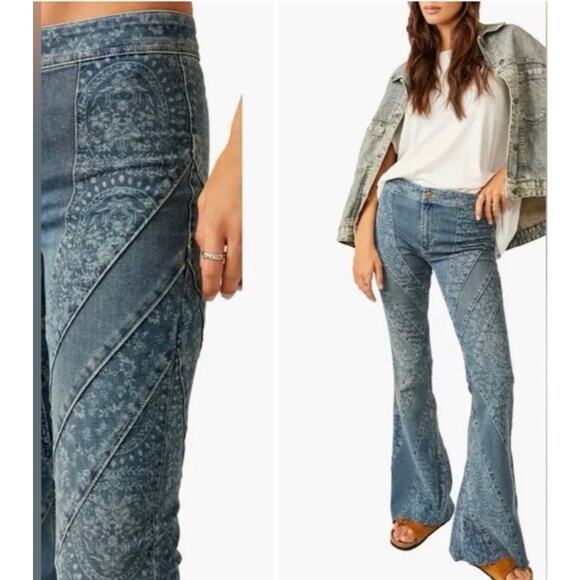 We The Free Denim - Free People We The Free Mermaid Mid-Rise Flare Jeans Sz 30 Patchwork Hippie Cher